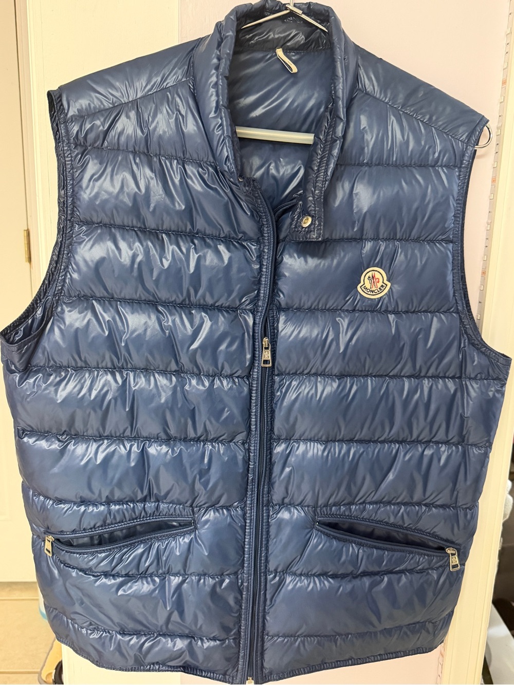 Moncler Shiny Navy Quilted Down Vest with Logo Patch